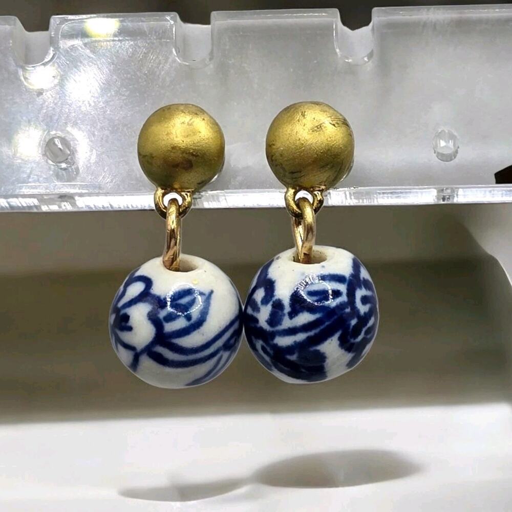 Handpainted Earrings Floral Porcelain Beads Small Minimalist Design Gold Tone